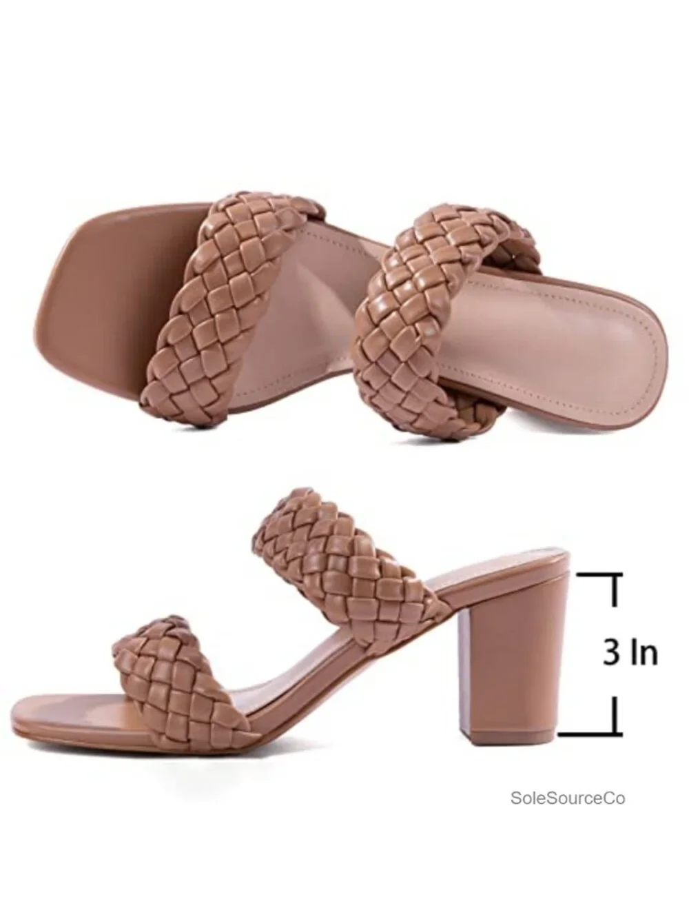 Braided Heeled Sandals Chunky Block Heel Square Toe Slide Faux Leather Women